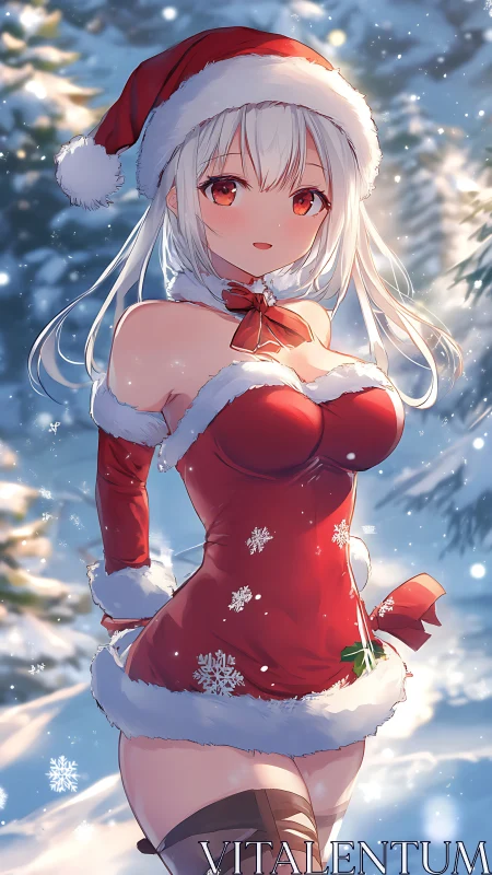 Anime snow scene with Santa girl in red dress.