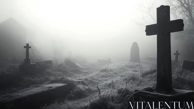 Foggy graveyard with frosted crosses at dawn.