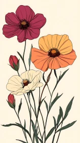 Three Cosmeas Waltz: A Garden's Ink-Lined Romance.