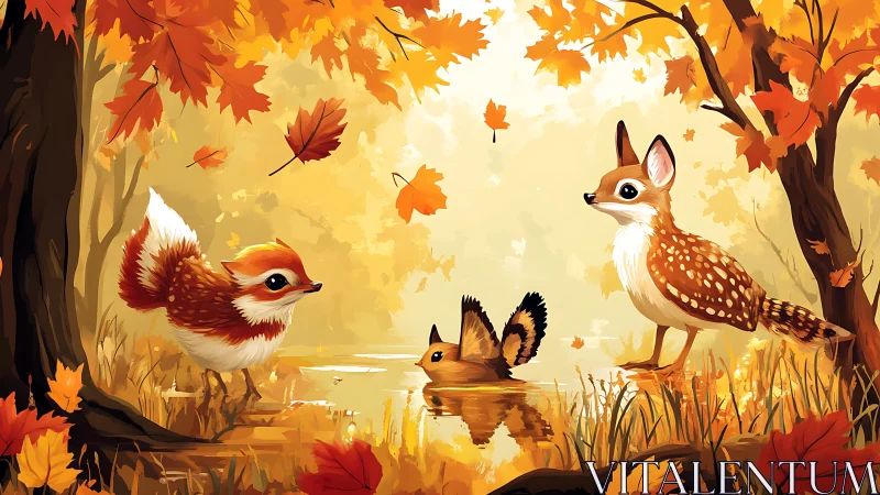 Autumn forest fauna tableau with stylized reflective water surface.