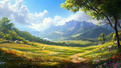 Sunlit mountain meadow path inviting a peaceful wander.