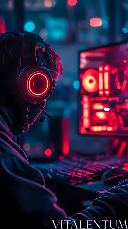 Backlit gamer at RGB workstation under neon magenta teal lighting