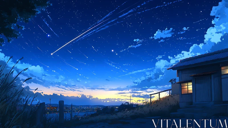 Streaking stars paint a quiet blue night above a cozy home