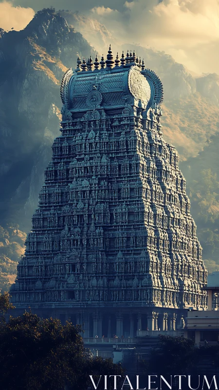 Mountain-guarded temple tower draped in sculpted twilight stone.