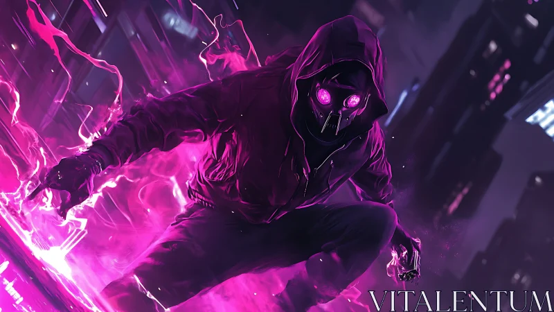 Neon-charged hooded rogue channeling urban plasma currents.