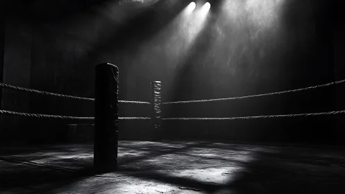 Empty boxing ring interior with directional lighting and structural posts