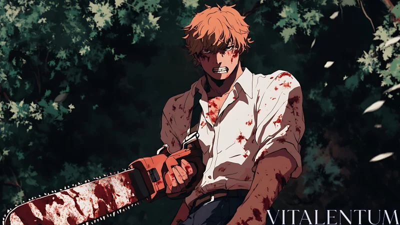 Fierce forest showdown with a bloodied chainsaw hero.