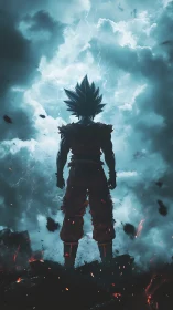 Backlit warrior silhouette confronts charged storm cloud vortex