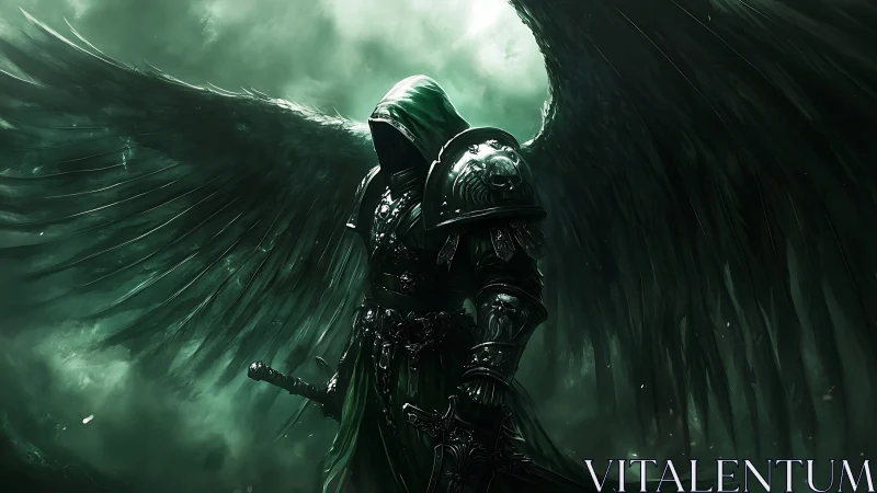Hooded black‑winged paladin in gothic plate armor, sword drawn