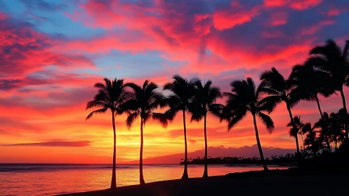 Palm silhouettes under neon tropical sunset sky glow.