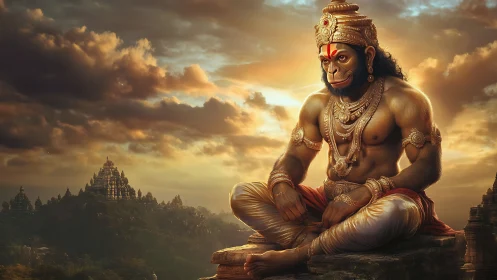 Serene monkey warrior resting above golden temple valleys.