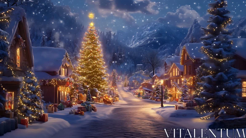 Snowlit village avenue wrapped in twinkling Christmas wonder.