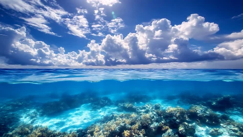 Two worlds of coral and clouds quietly trade blue secrets
