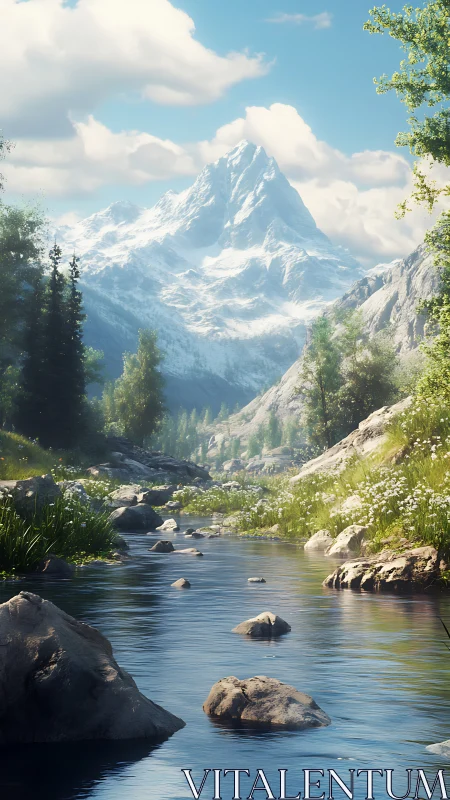 Snowbound alpine massif with luminous fluvial foreground stream.