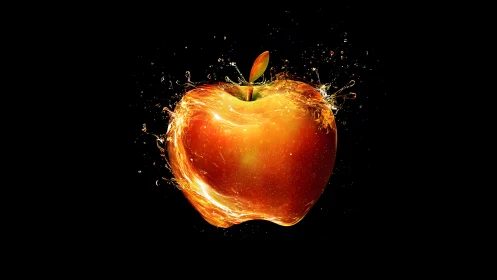 Vibrant Apple Splash Digital Art on Black Background.
