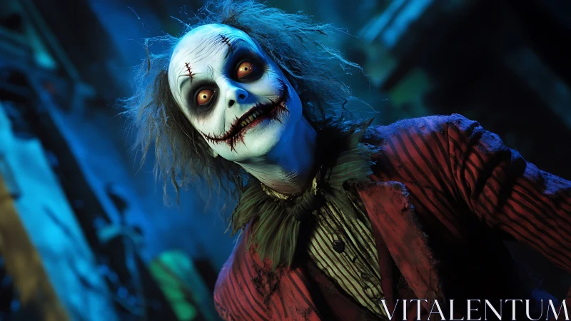 Sinister clown portrait under moody teal-blue lighting.