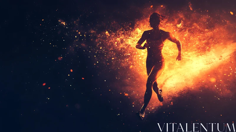 Silhouetted sprinter emerges from explosive fire particle plume