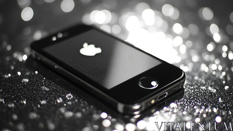 Smartphone on reflective surface with shallow depth of field bokeh