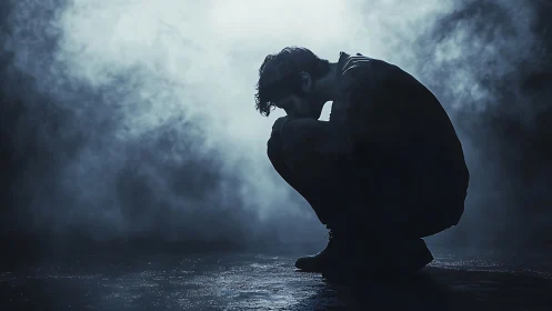 Silhouetted person crouching alone in dense atmospheric fog.