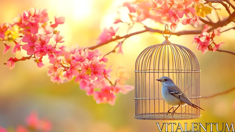 Blue songbird in golden cage with pink blossoms, dreamy sunrise style.