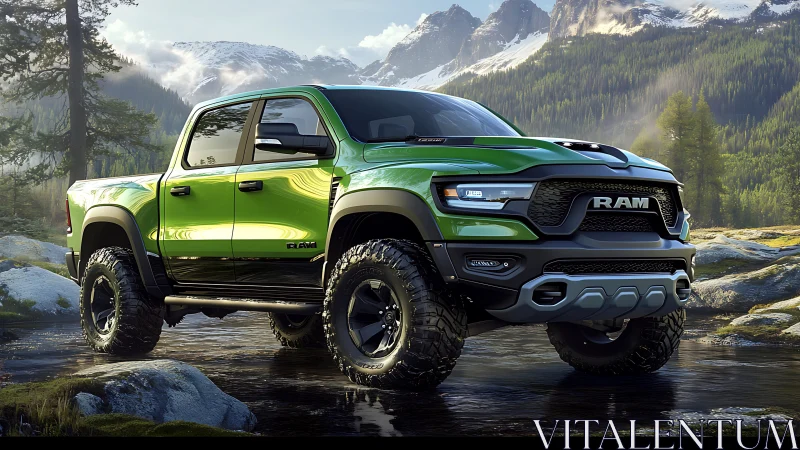 Photorealistic green off-road pickup in alpine river setting.