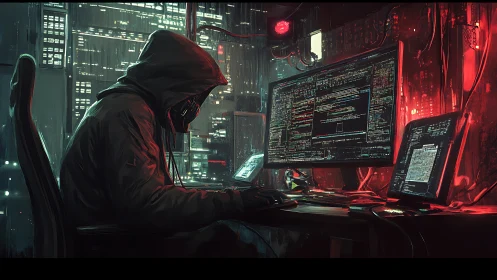 Hooded hacker codes in neon-lit cyberpunk control station