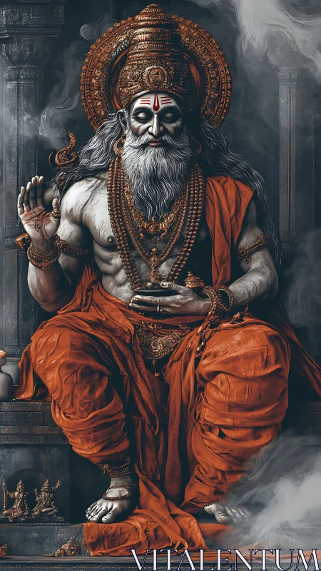 Monochrome stone sage deity in orange robes with intricate regalia