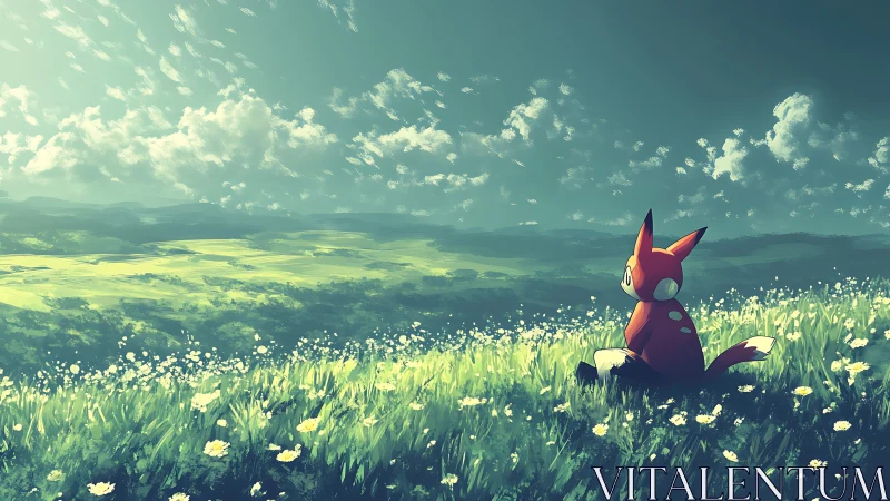Cartoon creature sits in flowered meadow overlooking distant hills