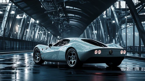 Futuristic white supercar glows on rain slicked steel bridge.