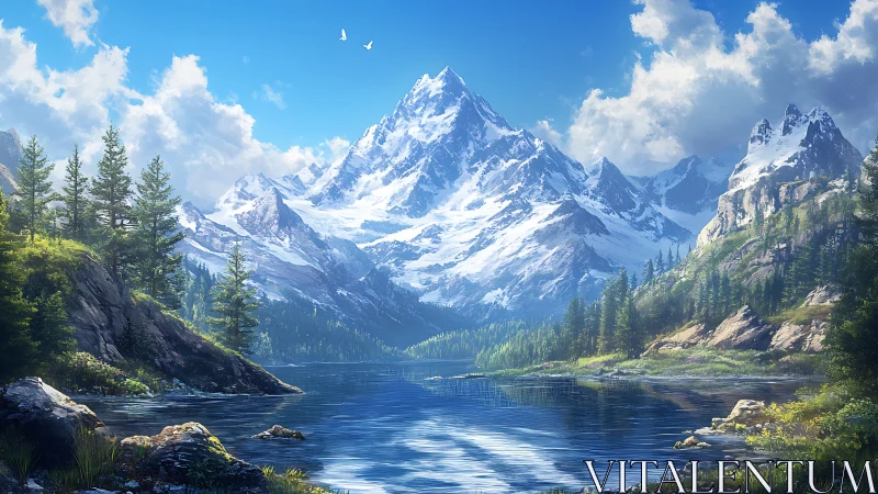 Snowcapped mountain towers above reflective alpine lake