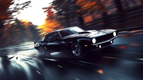 Black classic muscle car on wet autumn forest road.