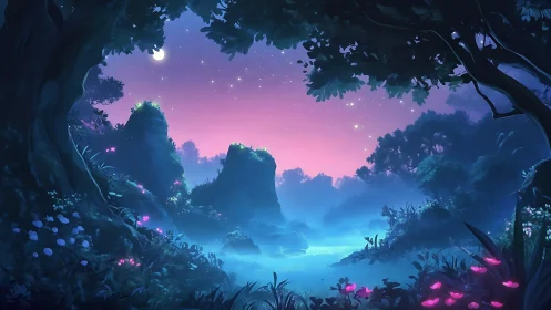 Ethereal Forest Glade with Bioluminescent Flora and Twilight Sky.