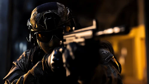 Special forces soldier aiming rifle in low light environment.