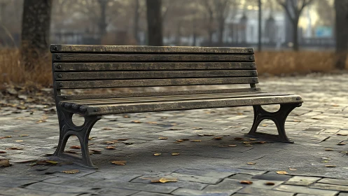 Weathered park bench sits quietly in a soft autumn haze