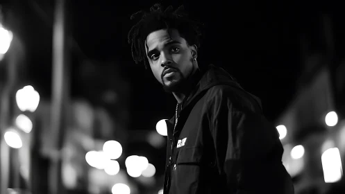 Urban portrait in monochrome bokeh with contemplative gaze.