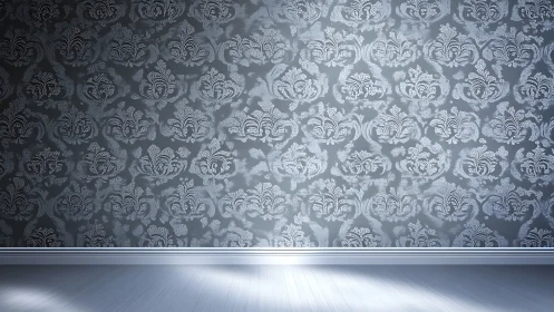 Silver damask whispers across a sunlit graphite wallscape.