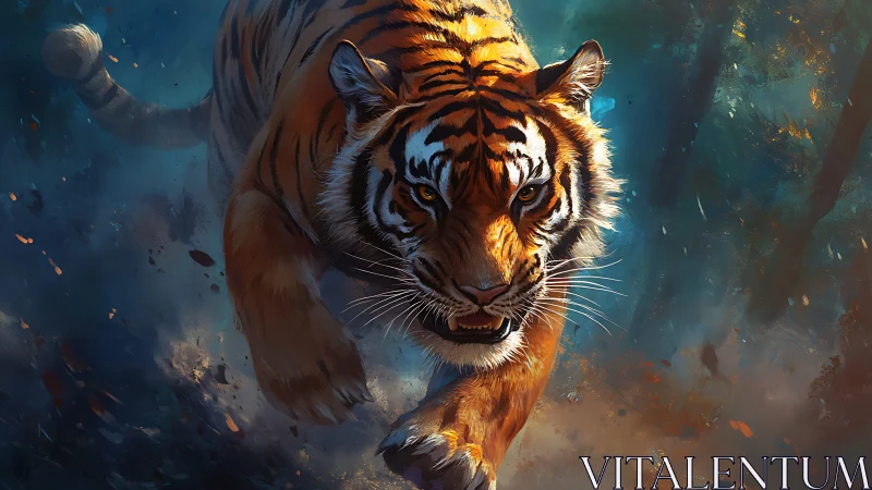 Kinetic frontal tiger charge in volumetric forest lighting.