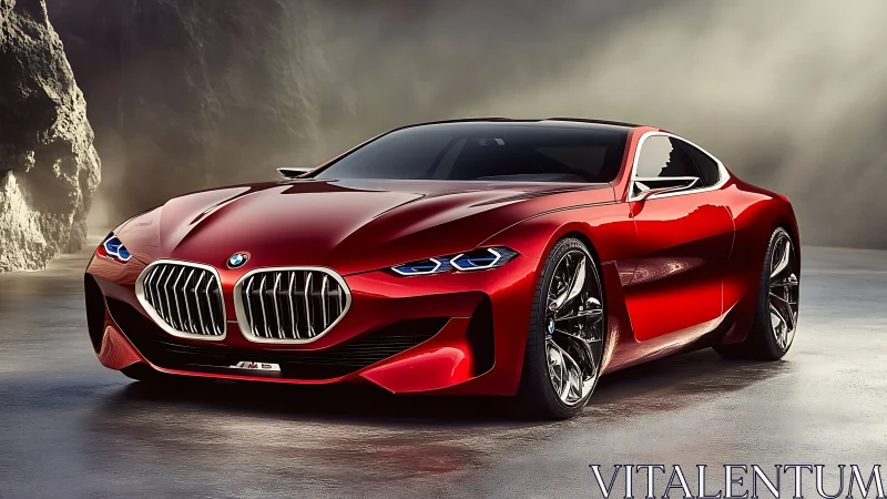 Sculpted red BMW concept coupe under cinematic studio light.
