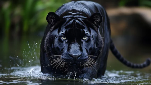 Black Panther Wades Through Water Stream.