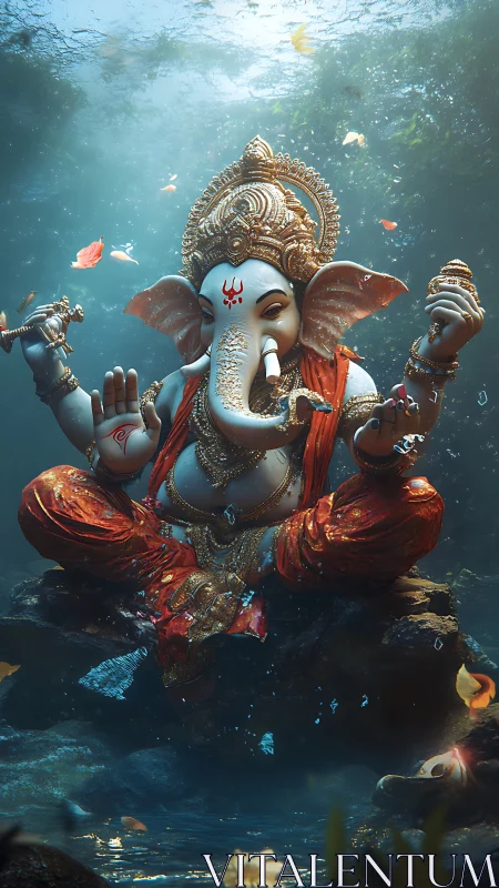 Underwater depiction of Ganesha statue amid drifting petals.