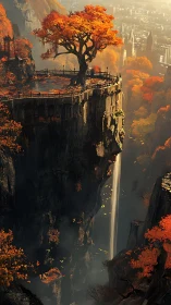 Solitary autumn tree above towering cliff waterfall vista.