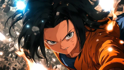 Fierce anime warrior surges through shattering battle sky.