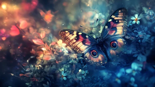 Bioluminescent butterfly rests amid iridescent bokeh flora