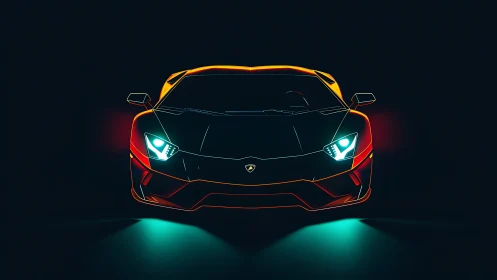 Neon outlined sports car front view on dark background.