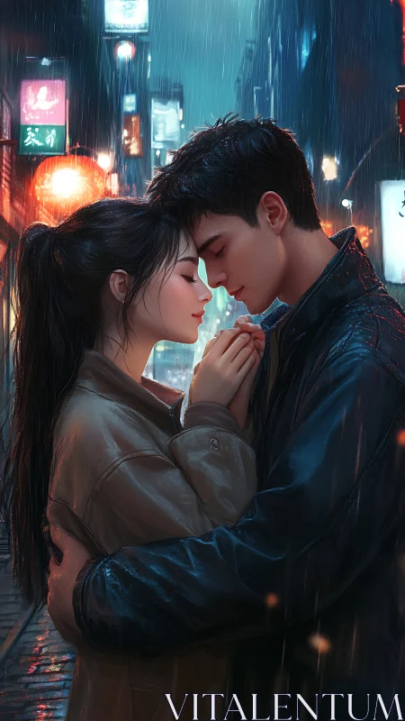 Cyberpunk Rainy Urban Romance: Neon-Lit Couple in Wet Metropolitan Setting