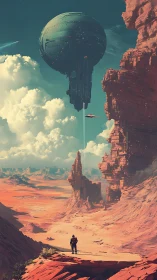 Solitary astronaut observes hovering spherical alien structure