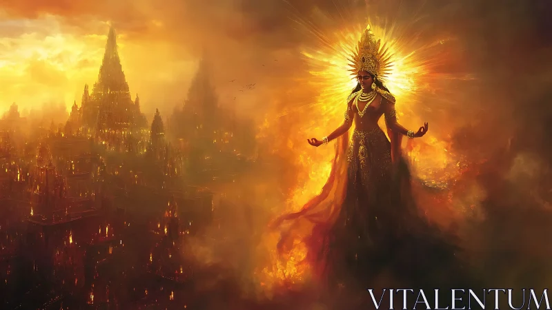 Solar crown goddess over ember cities in molten dusk.