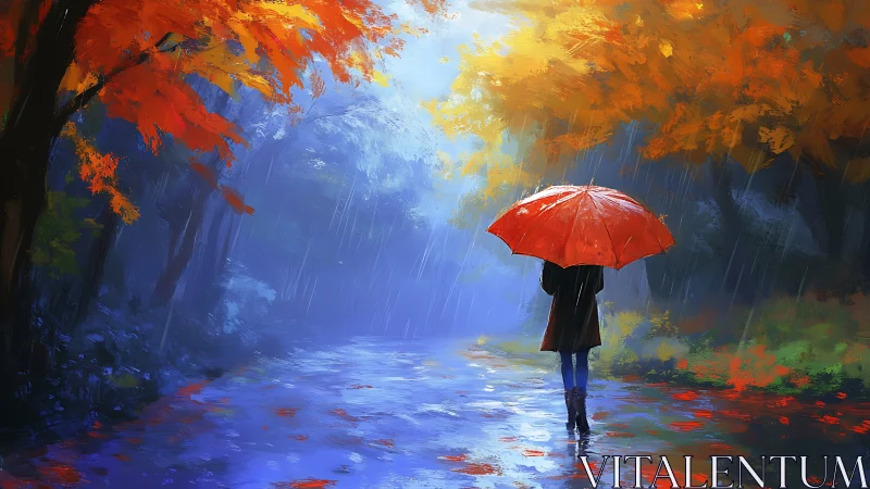 Solitary figure under red umbrella on rainy autumn path
