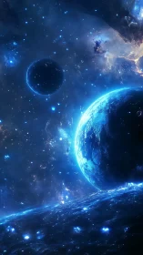 Layered blue planets in luminous deep space scene.