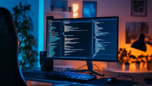 Dual-monitor coding workstation glows in bicolor ambient light